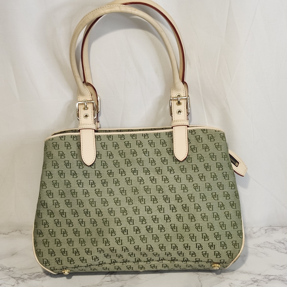 Dooney & Bourke Olive Green Canvas Leather Strap Satchel Purse Multi Logo